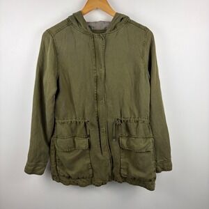 Matty M Womens Olive Green Linen Hooded Utility Jacket Size M Chic Casual Style